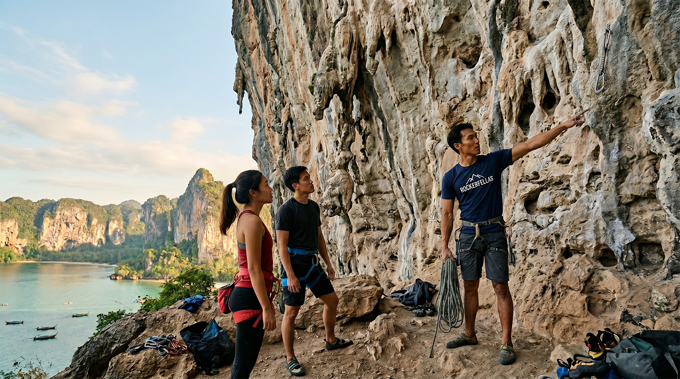 Outdoor crag with instructor and climbers